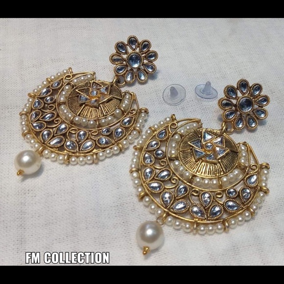 Party style big earrings with stones n pearl work - Picture 2 of 2